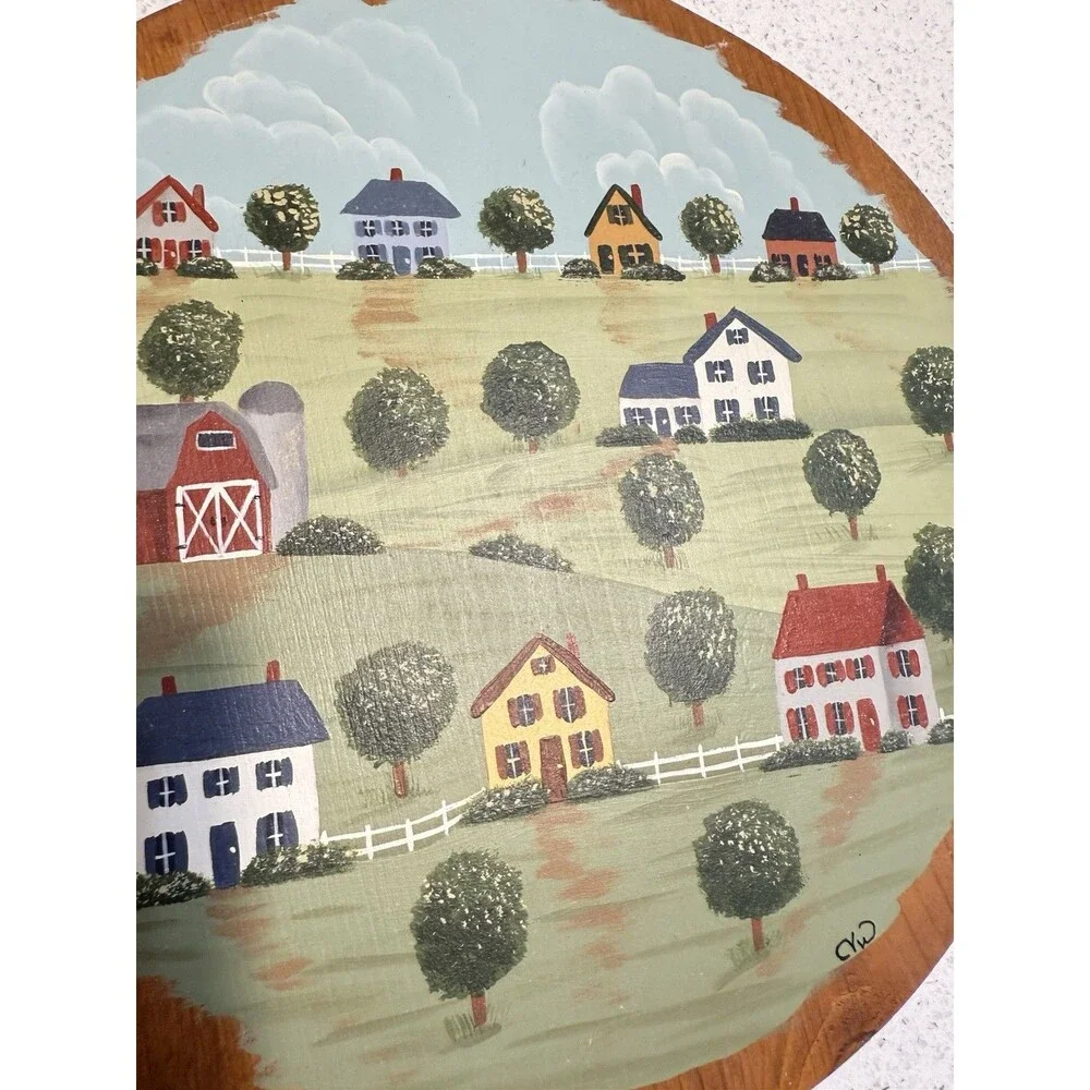 VTG Wood Hand Painted Bread Cutting Board Houses Farmhouse Grammacore Farm